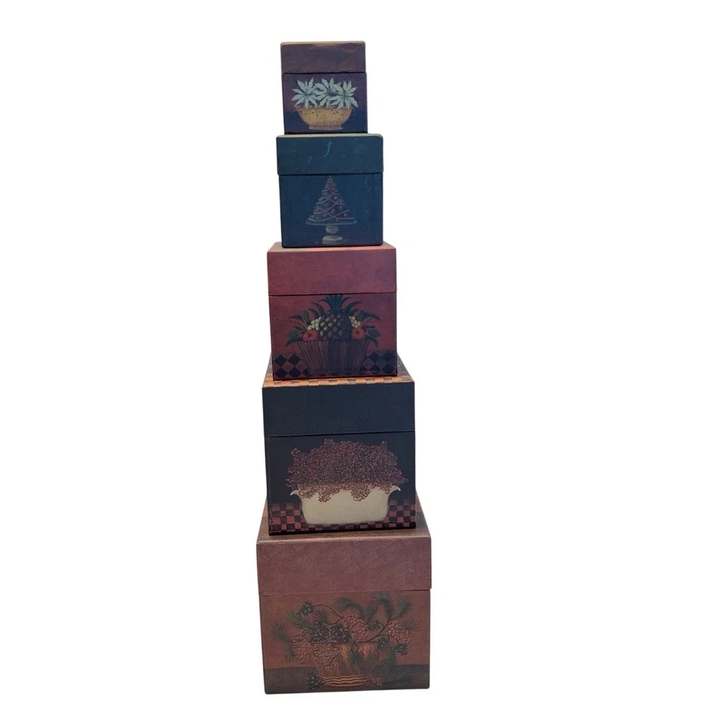 VTG Bob's Boxes Fruits & Flowers Nesting Boxes set of 5 w Lids Festive primative